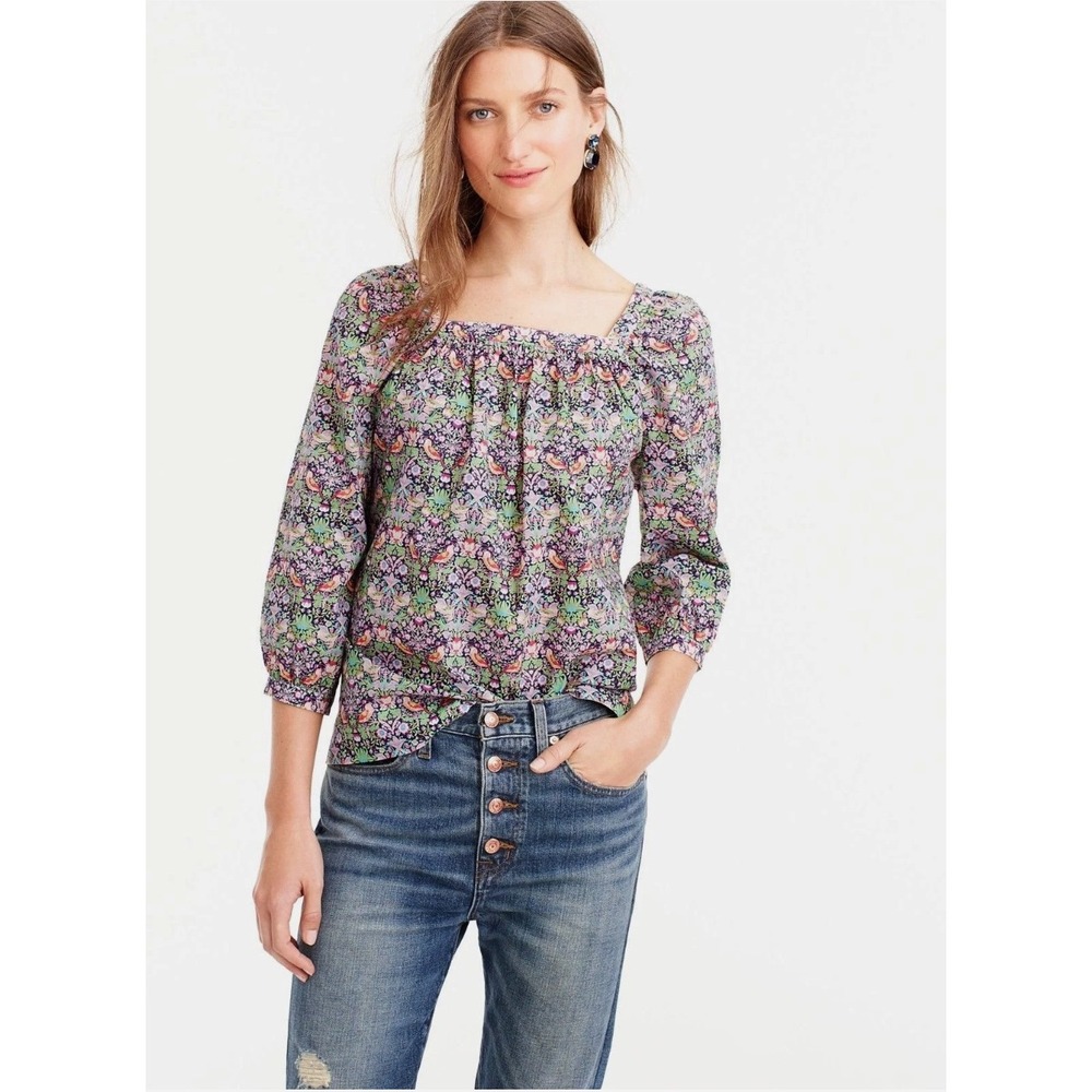 J.Crew Liberty Art Fabrics Strawberry Thief Floral Bird Square Neck Blouse 2